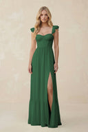 Sweetheart Ruffled Sleeve A - Line Chiffon Bridesmaid Dress in Dark Green - KissProm Bridesmaid Dresses