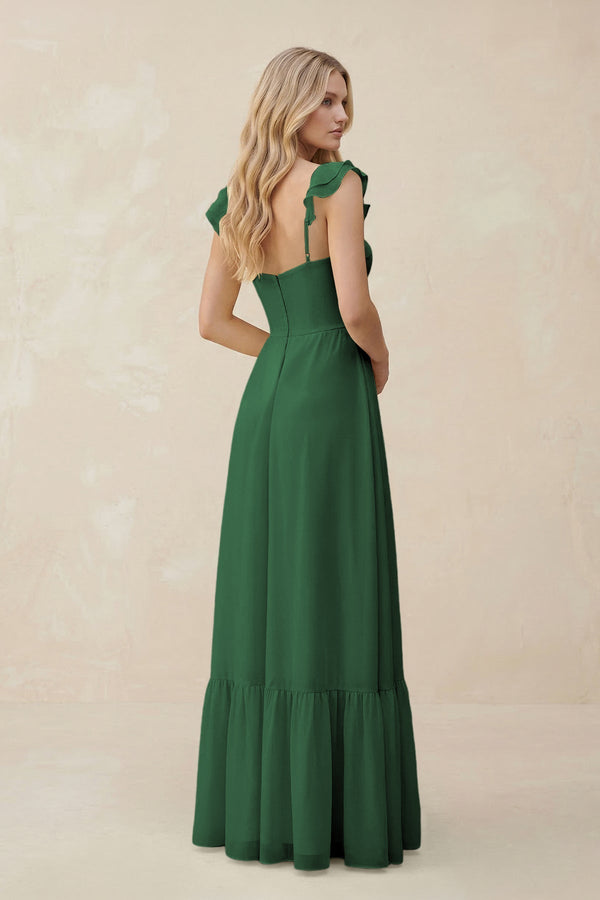 Sweetheart Ruffled Sleeve A - Line Chiffon Bridesmaid Dress in Dark Green - KissProm Bridesmaid Dresses