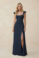 Sweetheart Ruffled Sleeve A - Line Chiffon Bridesmaid Dress in Dark Navy - KissProm Bridesmaid Dresses