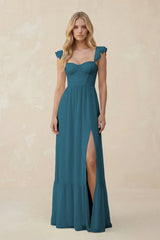 Sweetheart Ruffled Sleeve A - Line Chiffon Bridesmaid Dress in Dark Teal - KissProm Bridesmaid Dresses