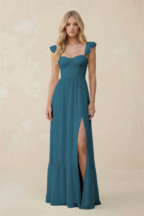 Sweetheart Ruffled Sleeve A - Line Chiffon Bridesmaid Dress in Dark Teal - KissProm Bridesmaid Dresses