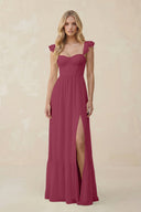Sweetheart Ruffled Sleeve A - Line Chiffon Bridesmaid Dress in Desert Rose - KissProm Bridesmaid Dresses
