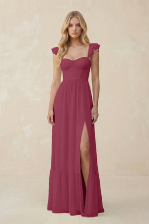 Sweetheart Ruffled Sleeve A - Line Chiffon Bridesmaid Dress in Desert Rose - KissProm Bridesmaid Dresses