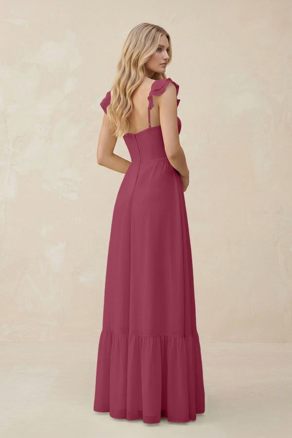 Sweetheart Ruffled Sleeve A - Line Chiffon Bridesmaid Dress in Desert Rose - KissProm Bridesmaid Dresses