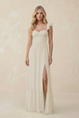 Sweetheart Ruffled Sleeve A - Line Chiffon Bridesmaid Dress in Dove Gray - KissProm Bridesmaid Dresses