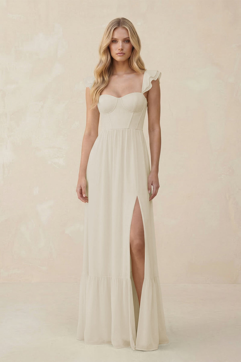 Sweetheart Ruffled Sleeve A - Line Chiffon Bridesmaid Dress in Dove Gray - KissProm Bridesmaid Dresses