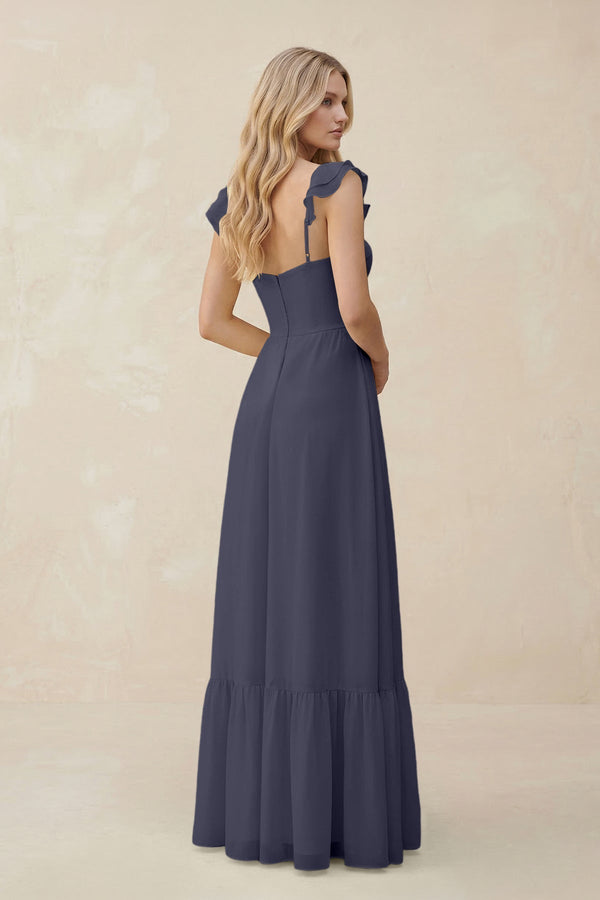 Sweetheart Ruffled Sleeve A - Line Chiffon Bridesmaid Dress in Dusk Blue - KissProm Bridesmaid Dresses
