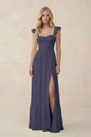 Sweetheart Ruffled Sleeve A - Line Chiffon Bridesmaid Dress in Dusk Blue - KissProm Bridesmaid Dresses