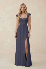 Sweetheart Ruffled Sleeve A - Line Chiffon Bridesmaid Dress in Dusk Blue - KissProm Bridesmaid Dresses