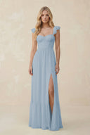 Sweetheart Ruffled Sleeve A - Line Chiffon Bridesmaid Dress in Dusty Blue - KissProm Bridesmaid Dresses