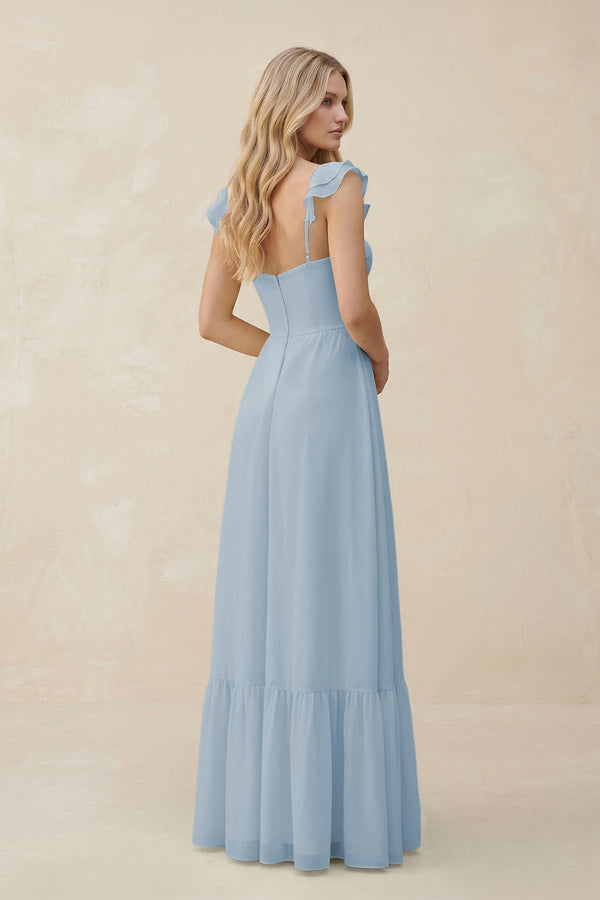 Sweetheart Ruffled Sleeve A - Line Chiffon Bridesmaid Dress in Dusty Blue - KissProm Bridesmaid Dresses