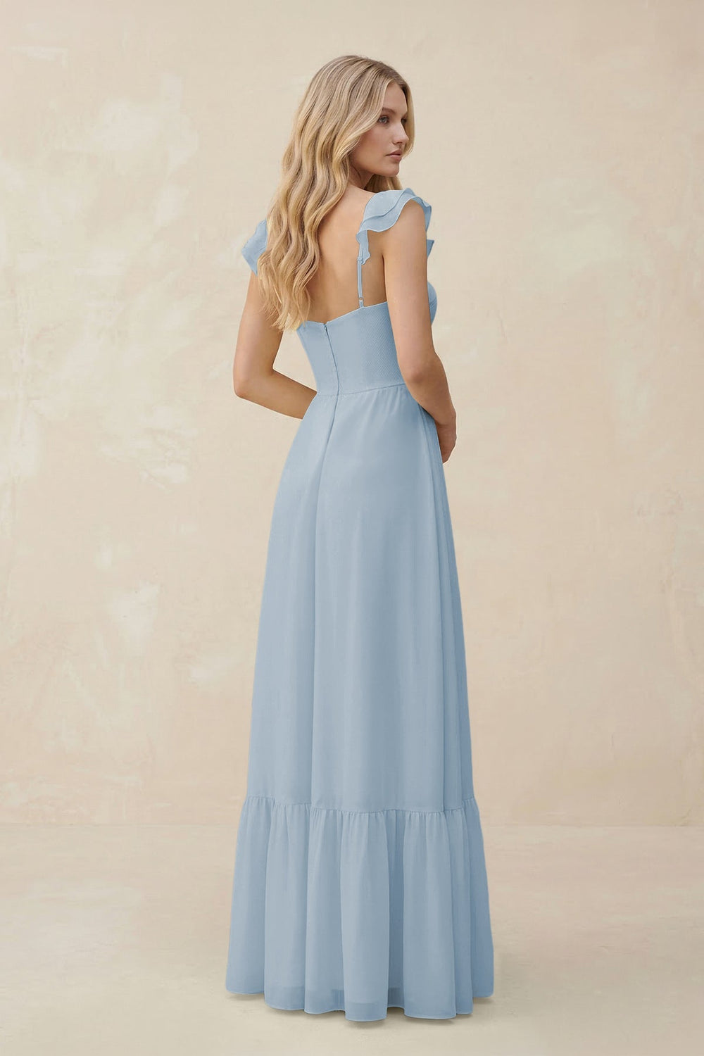 Sweetheart Ruffled Sleeve A - Line Chiffon Bridesmaid Dress in Dusty Blue - KissProm Bridesmaid Dresses
