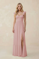 Sweetheart Ruffled Sleeve A - Line Chiffon Bridesmaid Dress in Dusty Rose - KissProm Bridesmaid Dresses