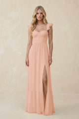 Sweetheart Ruffled Sleeve A - Line Chiffon Bridesmaid Dress in English Rose - KissProm Bridesmaid Dresses