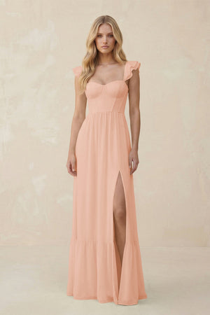 Sweetheart Ruffled Sleeve A - Line Chiffon Bridesmaid Dress in English Rose - KissProm Bridesmaid Dresses