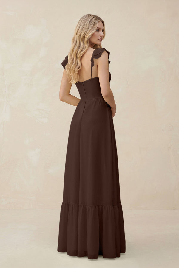 Sweetheart Ruffled Sleeve A - Line Chiffon Bridesmaid Dress in Espresso - KissProm Bridesmaid Dresses