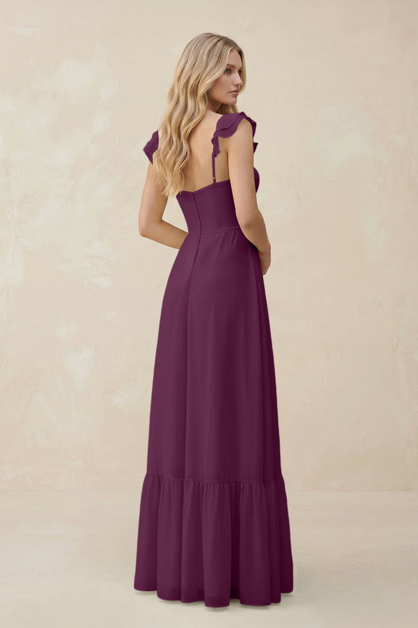 Sweetheart Ruffled Sleeve A - Line Chiffon Bridesmaid Dress in Fig - KissProm Bridesmaid Dresses