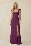 Sweetheart Ruffled Sleeve A - Line Chiffon Bridesmaid Dress in Fig - KissProm Bridesmaid Dresses