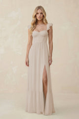 Sweetheart Ruffled Sleeve A - Line Chiffon Bridesmaid Dress in Frost - KissProm Bridesmaid Dresses