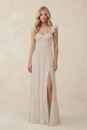 Sweetheart Ruffled Sleeve A - Line Chiffon Bridesmaid Dress in Frost - KissProm Bridesmaid Dresses