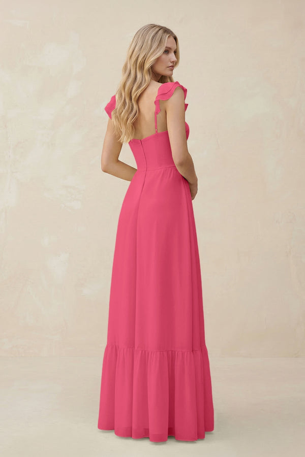 Sweetheart Ruffled Sleeve A - Line Chiffon Bridesmaid Dress in Fuchsia - KissProm Bridesmaid Dresses