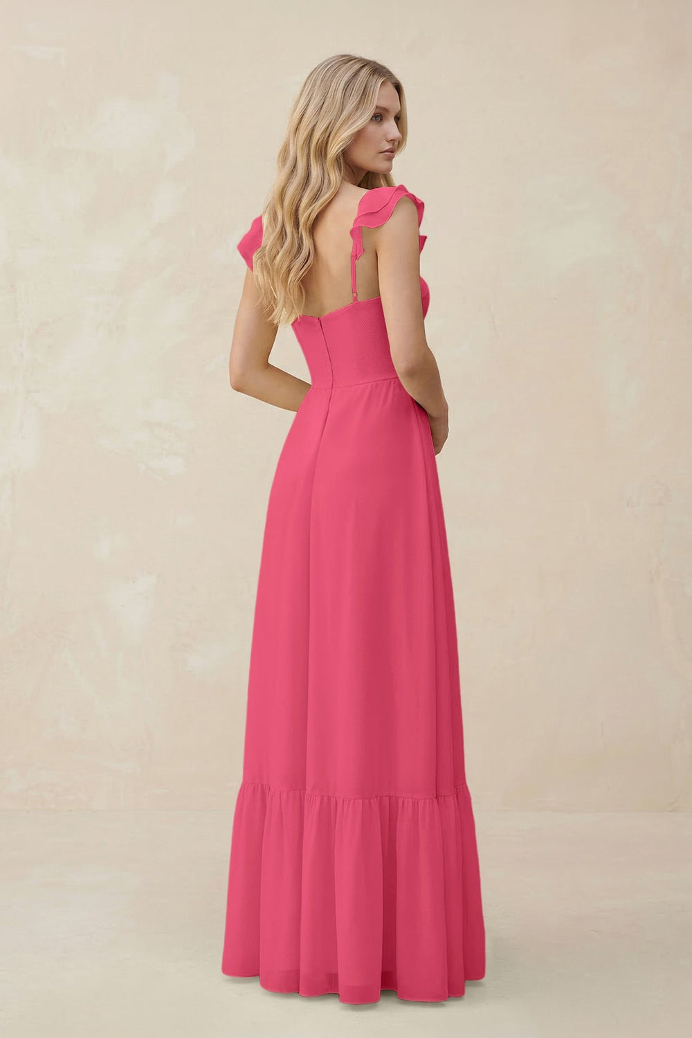 Sweetheart Ruffled Sleeve A - Line Chiffon Bridesmaid Dress in Fuchsia - KissProm Bridesmaid Dresses