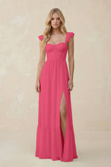 Sweetheart Ruffled Sleeve A - Line Chiffon Bridesmaid Dress in Fuchsia - KissProm Bridesmaid Dresses