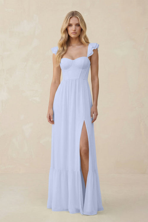 Sweetheart Ruffled Sleeve A - Line Chiffon Bridesmaid Dress in Ice - KissProm Bridesmaid Dresses