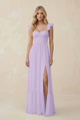 Sweetheart Ruffled Sleeve A - Line Chiffon Bridesmaid Dress in Lavender - KissProm Bridesmaid Dresses