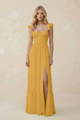 Sweetheart Ruffled Sleeve A - Line Chiffon Bridesmaid Dress in Marigold - KissProm Bridesmaid Dresses