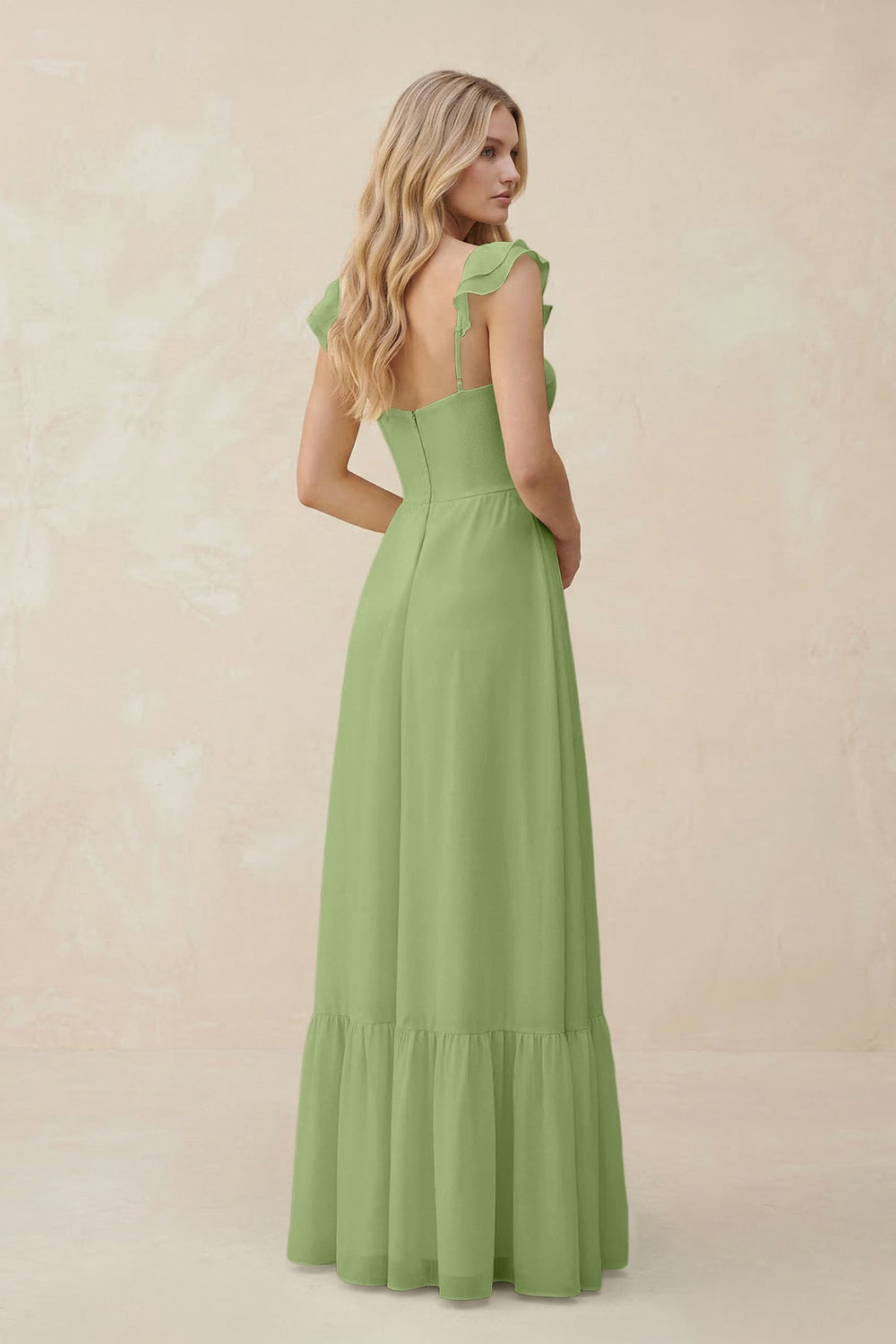 Sweetheart Ruffled Sleeve A - Line Chiffon Bridesmaid Dress in Matcha - KissProm Bridesmaid Dresses