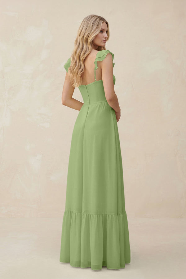 Sweetheart Ruffled Sleeve A - Line Chiffon Bridesmaid Dress in Matcha - KissProm Bridesmaid Dresses