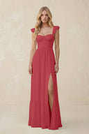 Sweetheart Ruffled Sleeve A - Line Chiffon Bridesmaid Dress in Merlot - KissProm Bridesmaid Dresses