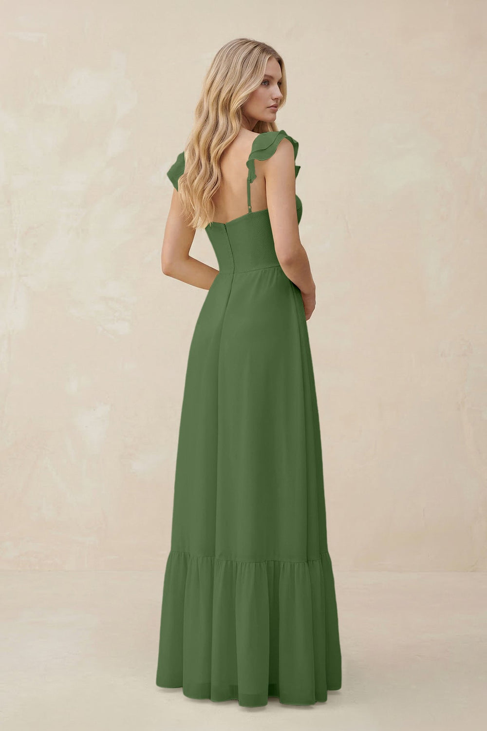 Sweetheart Ruffled Sleeve A - Line Chiffon Bridesmaid Dress in Moss - KissProm Bridesmaid Dresses