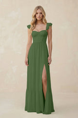 Sweetheart Ruffled Sleeve A - Line Chiffon Bridesmaid Dress in Moss - KissProm Bridesmaid Dresses