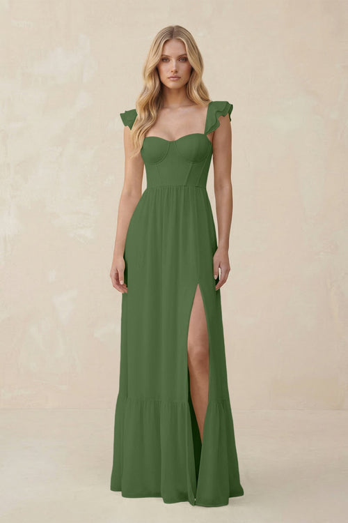 Sweetheart Ruffled Sleeve A - Line Chiffon Bridesmaid Dress in Moss - KissProm Bridesmaid Dresses