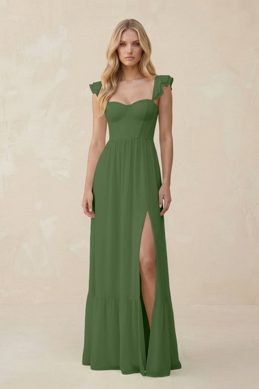 Sweetheart Ruffled Sleeve A - Line Chiffon Bridesmaid Dress in Moss - KissProm Bridesmaid Dresses