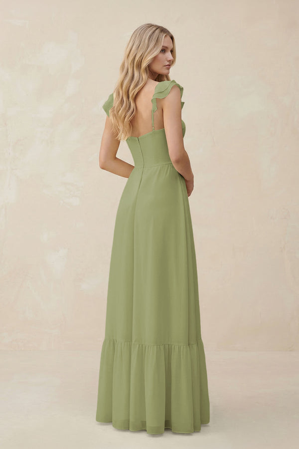 Sweetheart Ruffled Sleeve A - Line Chiffon Bridesmaid Dress in Moss Green - KissProm Bridesmaid Dresses