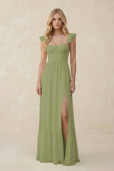 Sweetheart Ruffled Sleeve A - Line Chiffon Bridesmaid Dress in Moss Green - KissProm Bridesmaid Dresses