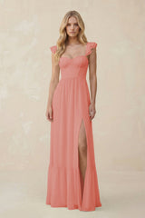 Sweetheart Ruffled Sleeve A - Line Chiffon Bridesmaid Dress in Mulberry - KissProm Bridesmaid Dresses