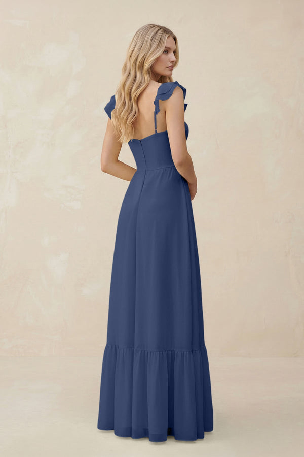 Sweetheart Ruffled Sleeve A - Line Chiffon Bridesmaid Dress in Navy - KissProm Bridesmaid Dresses