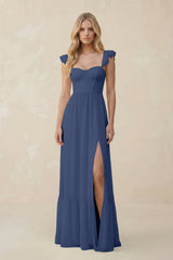 Sweetheart Ruffled Sleeve A - Line Chiffon Bridesmaid Dress in Navy - KissProm Bridesmaid Dresses