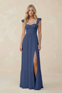 Sweetheart Ruffled Sleeve A - Line Chiffon Bridesmaid Dress in Navy - KissProm Bridesmaid Dresses