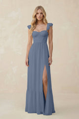 Sweetheart Ruffled Sleeve A - Line Chiffon Bridesmaid Dress in Neptune - KissProm Bridesmaid Dresses
