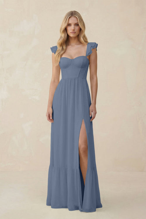 Sweetheart Ruffled Sleeve A - Line Chiffon Bridesmaid Dress in Neptune - KissProm Bridesmaid Dresses