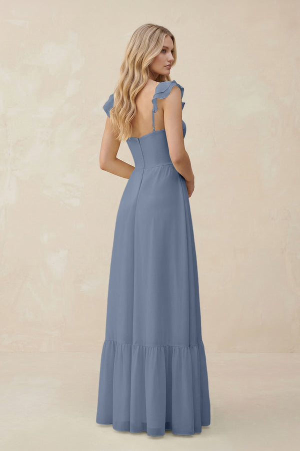 Sweetheart Ruffled Sleeve A - Line Chiffon Bridesmaid Dress in Neptune - KissProm Bridesmaid Dresses