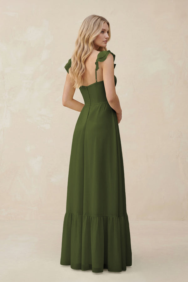 Sweetheart Ruffled Sleeve A - Line Chiffon Bridesmaid Dress in Olive - KissProm Bridesmaid Dresses