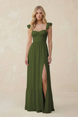 Sweetheart Ruffled Sleeve A - Line Chiffon Bridesmaid Dress in Olive - KissProm Bridesmaid Dresses
