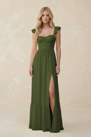 Sweetheart Ruffled Sleeve A - Line Chiffon Bridesmaid Dress in Olive - KissProm Bridesmaid Dresses