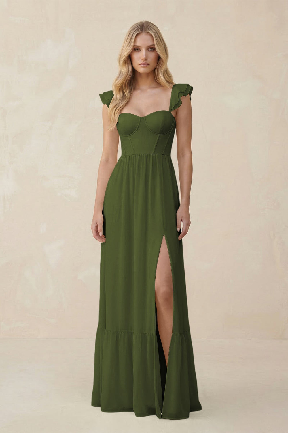 Sweetheart Ruffled Sleeve A - Line Chiffon Bridesmaid Dress in Olive - KissProm Bridesmaid Dresses